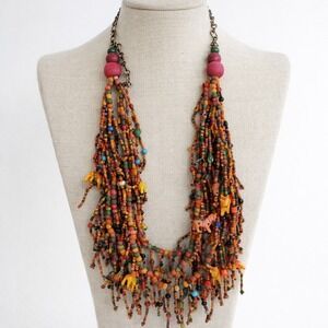 African Trade Bead Necklace Multi Strand Wood Animal Fringe Statement
